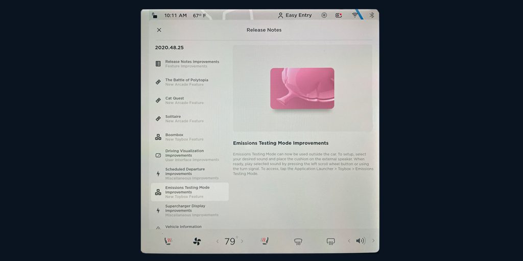 tesla emission mode improvement screen