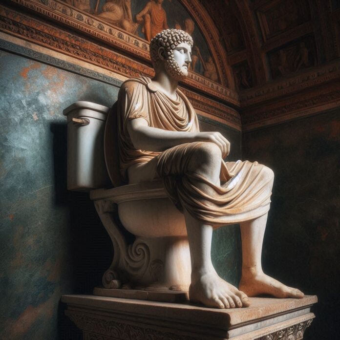 roman statue on a toilet