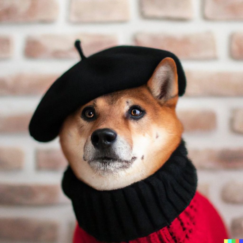 Shiba Inu dog wearing a beret and black turtleneck