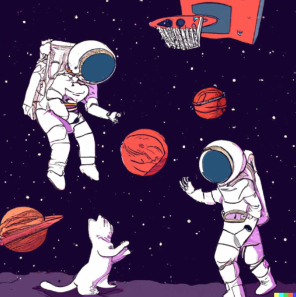 astronaut playing basketball with cats as a children's book illustration
